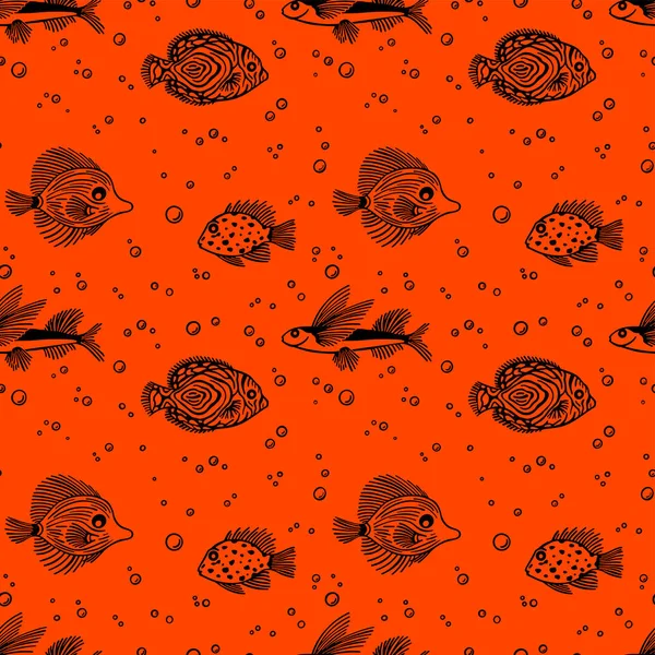 Nahtloses Muster mit Fisch auf orangefarbenem Hintergrund. Niedliche Meeresumrissmuster mit Fischen mit Blasen. für Textilien, Verpackung, Scrapbooking. Design-Einsatz für Aquarien, Meerwasseraquarien, Fischmarkt-Shops. — Stockvektor