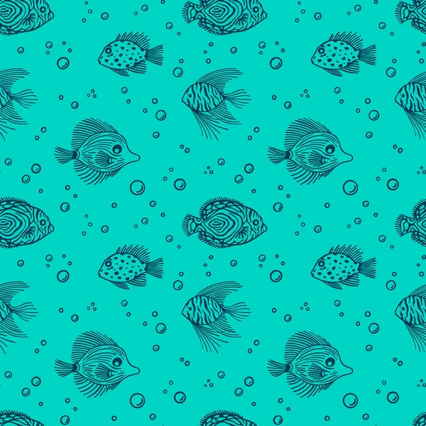 Nahtloses Muster mit Fischen mit Blasen auf minzfarbenem Hintergrund. niedlichen Meer Umrissmuster mit Fischen. für Textilien, Verpackung, Scrapbooking. Design-Einsatz für Aquarien, Meerwasseraquarien, Fischmarkt-Shops. — Stockvektor