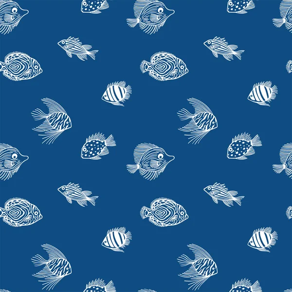 Бесшовный рисунок с рыбой на классическом синем фоне. Цвет классический синий. Милый морской узор с рыбой. Проектирование макетов для магазинов аквариумов, морских аквариумов, рыбного рынка, магазинов . — стоковый вектор