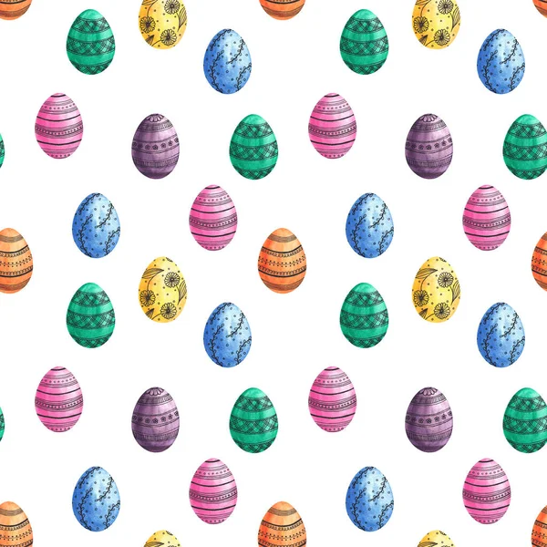 Naadloze paaseieren patroon. Watrcolor eieren op witte achtergrond.Textuur voor het inpakken van papier, textiel, scrapbooking,. — Stockfoto
