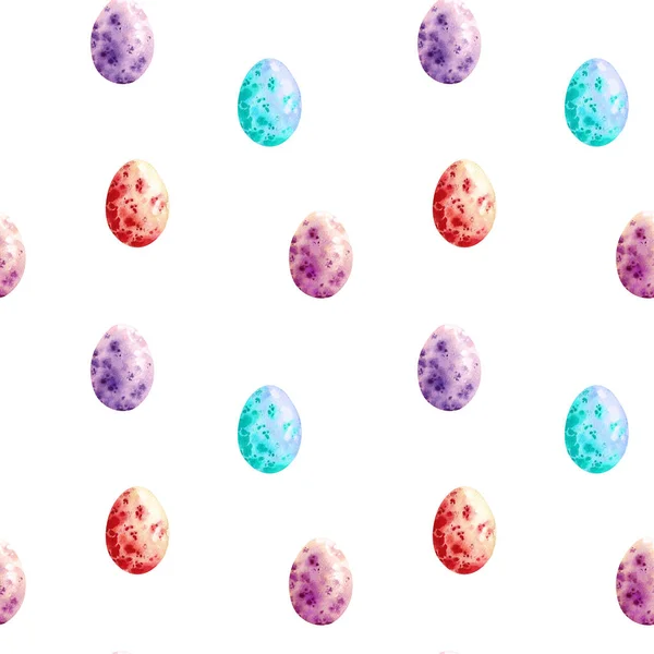 Бесшовный пасхальный узор, состоящий из разноцветных яиц. Акварель пасхальные яйца на белом фоне. Обертка, скрапбукинг — стоковое фото