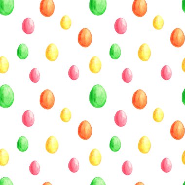 Renkli yumurtalardan oluşan kusursuz paskalya deseni. Beyaz arka planda suluboya paskalya yumurtaları. Paketleme, yapıştırma kitabı