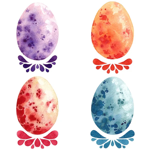 Frohe Ostern. Aquarell-Eier mit dekorativen Tropfen. Set farbiger Ostereier isoliert auf weißem Hintergrund. — Stockfoto