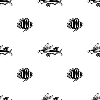 Kusursuz balık kalıbı. Sonsuz vektör kalıbı. Beyaz arka planda balık deseni. Balık pazarı, dükkan, restoran için tasarım. Paket kağıdı, kutu, hatıra defteri, arkaplan