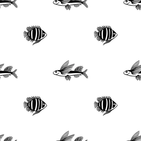 Padrão de contorno sem costura de fish.Vector padrão interminável. Padrão de peixe no fundo branco. Design para o mercado de peixe, loja, restaurante. Para papel de embrulho, caixa, scrapbooking, fundo — Vetor de Stock