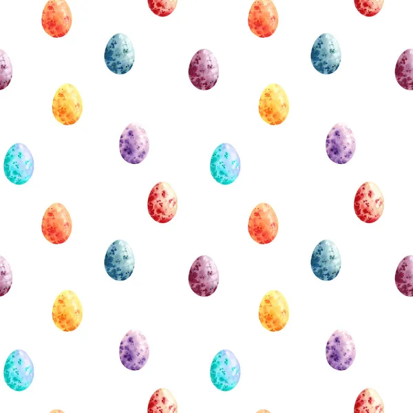 カラフルな卵で構成されたシームレスなイースターパターン。白い背景に水彩イースターエッグ。包装、スクラップブッキング — ストック写真