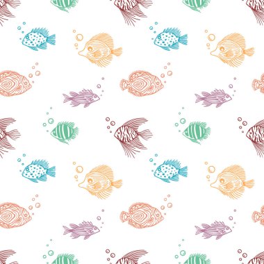 Beyaz arka planda baloncukları olan kusursuz renk balığı deseni. Sonsuz balık kalıbını yönlendir. Paket kağıdı, kutu, hatıra defteri, özgeçmiş için. Balık pazarı, dükkan, restoran tasarımı.