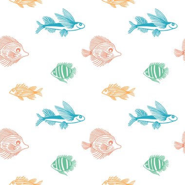Seamless pattern of color fish on white background. Funny vector outline endless fish pattern. For wrapping paper, box,scrapbooking,web background. Design for fish market, shop, restaurant.