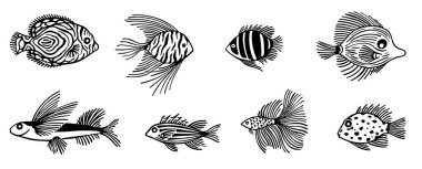 Sketch Fish seti beyaz arkaplanda izole edildi. Vector doodle el çizimi illüstrasyon. Çocuk izleri, çıkartmalar, web tasarımları için farklı şekillerde balıklar. Deniz balığı çizgi film setleri..