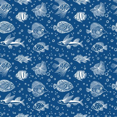 Klasik mavi arka planda balıklı kusursuz desen. Renk klasik mavidir. Balık ve baloncuklu dinamik sevimli deniz deseni. Akvaryum, deniz akvaryumu, balık pazarı ve dükkan için tasarım kullanımı.