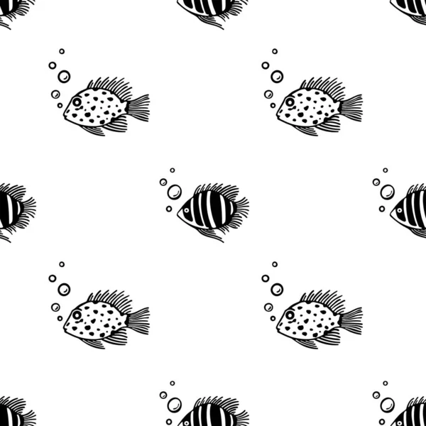 Nahtlose Umrisse Muster von Fischen mit bubbles.vector endlose Muster. Fischmuster auf weißem Hintergrund. Design für Fischmarkt, Geschäft, Restaurant. für Packpapier, Karton, Scrapbooking, Hintergrund — Stockvektor