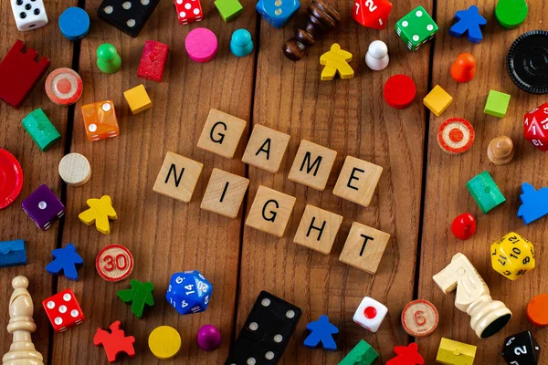 Game Night Spelled Out Wooden Letter Tiles Surrounded Dice Cards — Stock Photo, Image