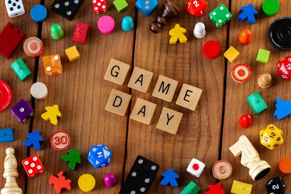 Game Day Spelled Out Wooden Letter Tiles Surrounded Dice Cards Stockfoto