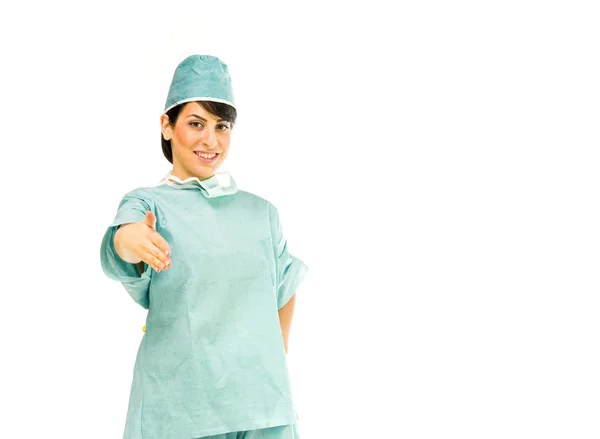 Doctor woman showing handshake — Stock Photo, Image