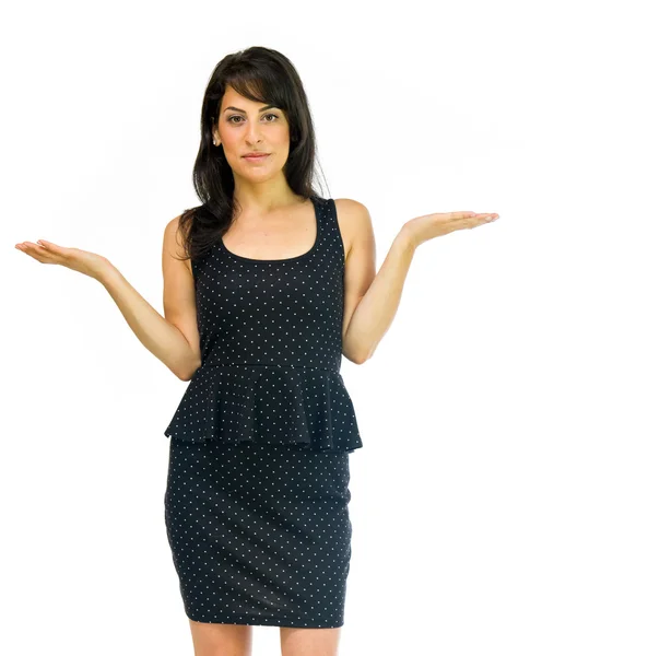 Förvirrad osäker kvinna i klänning — Stockfoto