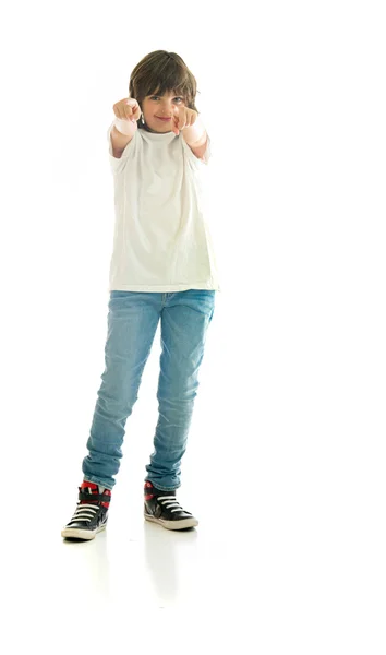 Casuale adolescente ragazzo puntando il dito — Foto Stock