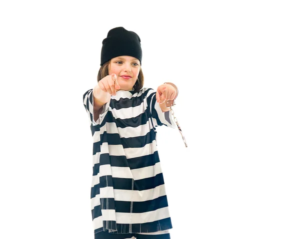 Teenage boy prisoner pointing fingers — Stock Photo, Image