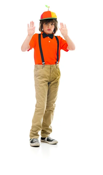 Palhaço adolescente menino mostrando parar sinal — Fotografia de Stock