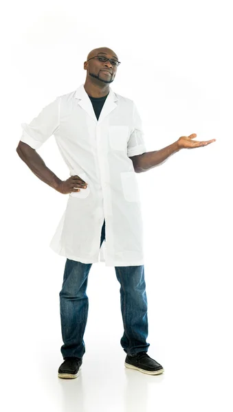 Laboratory scientist man presenting with hand — Stock Photo, Image
