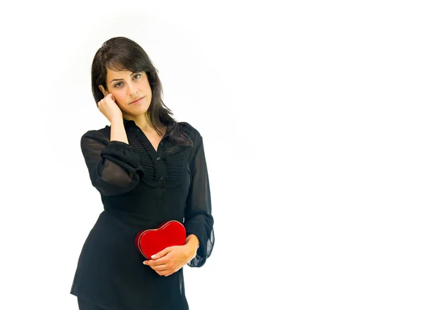 Thinking pensive woman with heart — Stock Photo, Image