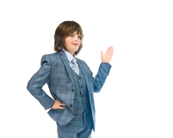 Lachende teenage zakenman presenteren met hand — Stockfoto