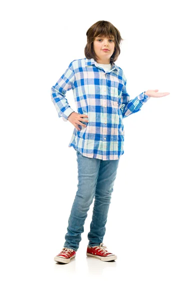 Casual teenage boy presenting with hand — Stock Photo, Image