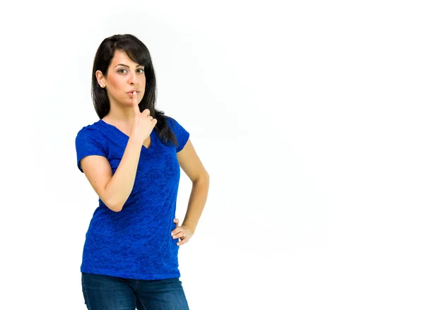 Casual woman showing silence sign — Stock Photo, Image