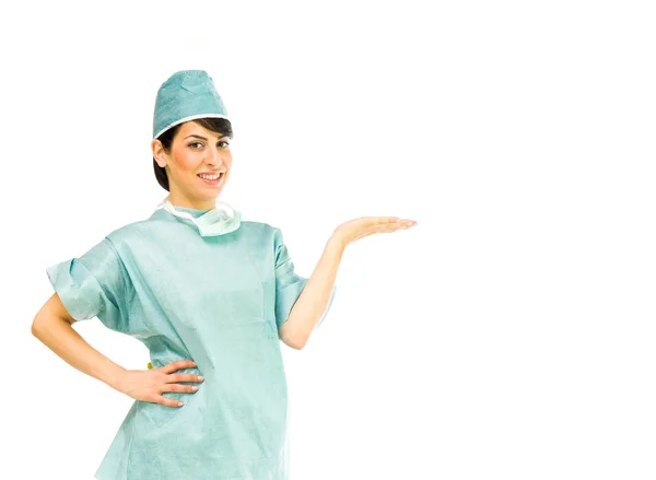 Doctor woman presenting with hand — Stock Photo, Image