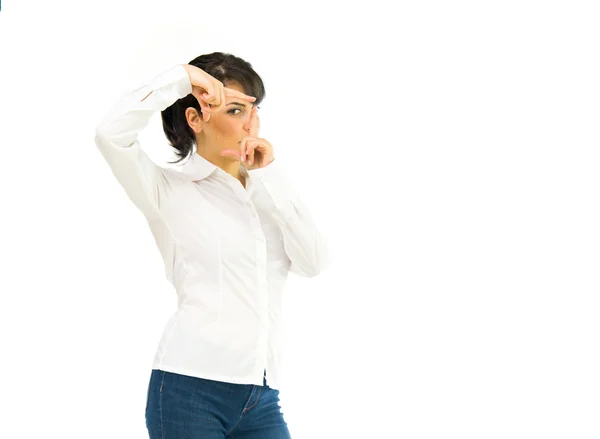 Woman showing hand frame focus — Stock Photo, Image