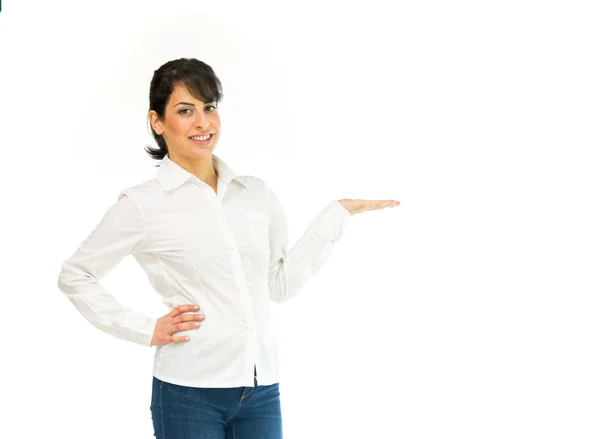 Mujer presentando con la mano —  Fotos de Stock