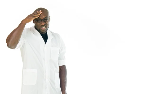 Człowiek uczony laboratorium ma ból głowy — Zdjęcie stockowe