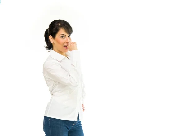 Stressed woman biting nails — Stock Photo, Image