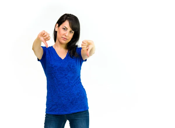 Příležitostné žena ukazuje palec dolů — Stock fotografie