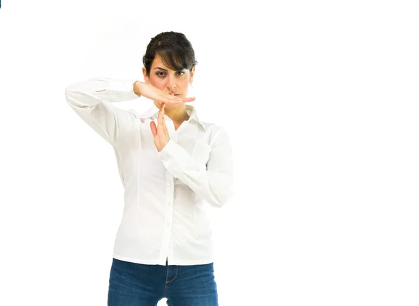Woman showing time out sign — Stock Photo, Image