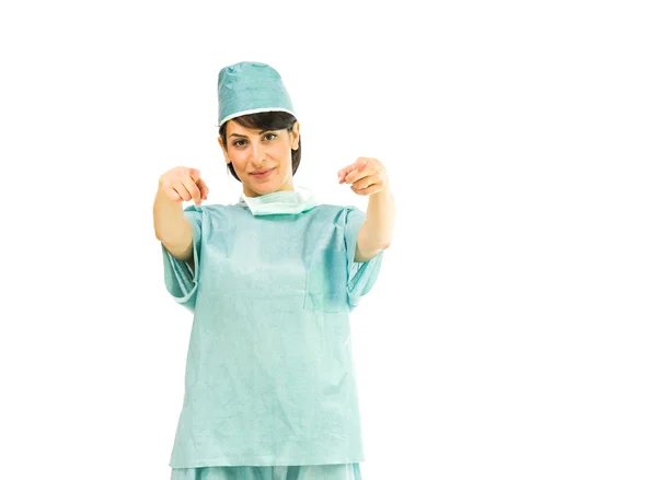 Doctor woman pointing fingers — Stock Photo, Image