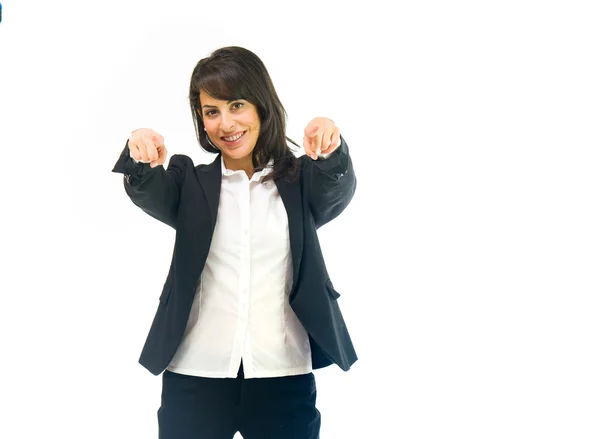 Feliz mujer de negocios señalando dedos — Foto de Stock