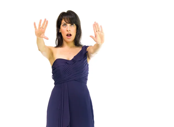 Angry woman in dress showing stop — Stock Photo, Image