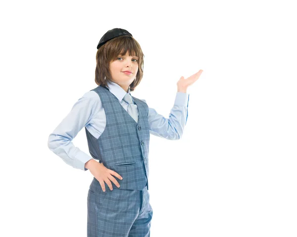 Jewish boy presenting with hand — Stock Photo, Image