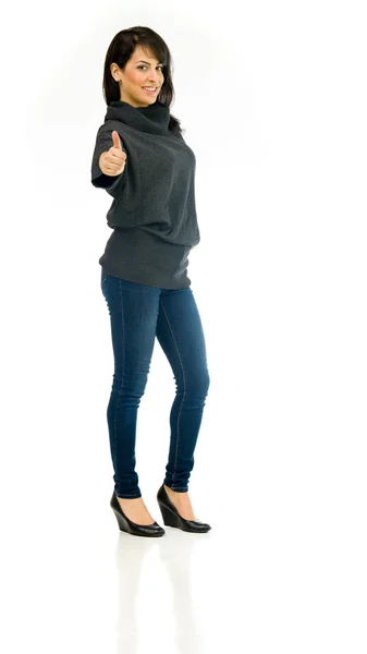 Mujer casual mostrando pulgares hacia arriba —  Fotos de Stock