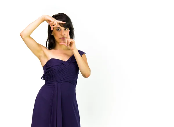 Woman in dress showing focus framing — Stock Photo, Image