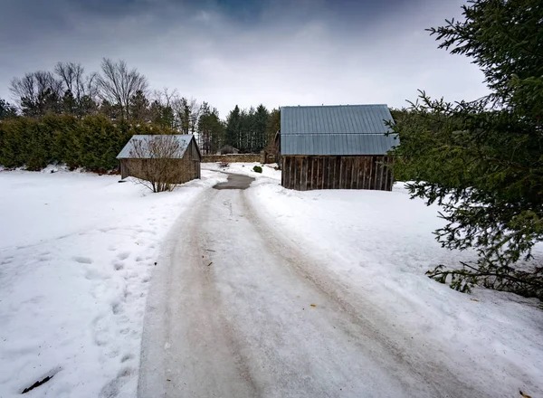 Cloudy daytime view with barns in winter — Stock Photo, Image