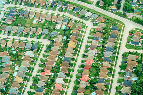 Aerial view of houses in residential suburbs, Toronto, Ontario, Canada. aerial picture from ontario canada 2016
