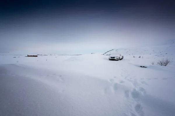 Глубоко заснеженный автомобиль и пейзаж — стоковое фото