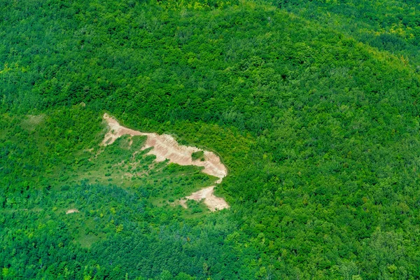 Widok z lotu ptaka odkrytej skały pośród drzew i roślinności — Zdjęcie stockowe