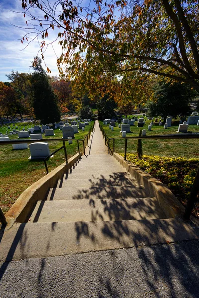 Vista lungo sentiero con ombre da albero nel cimitero — Foto Stock