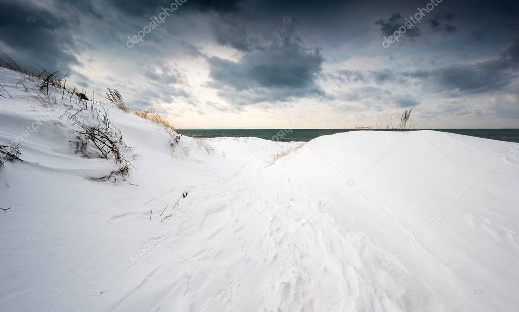 Snow covered coastal landscape