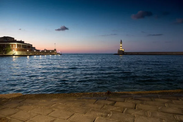 Vista Distancia Del Puerto Viejo Ciudad Chania Atardecer Creta Grecia —  Fotos de Stock