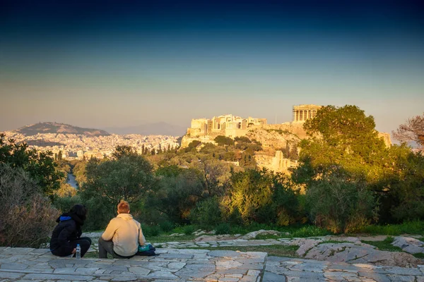Vista Trasera Par Lugares Interés Acrópolis Atenas Grecia Desde Una — Foto de Stock