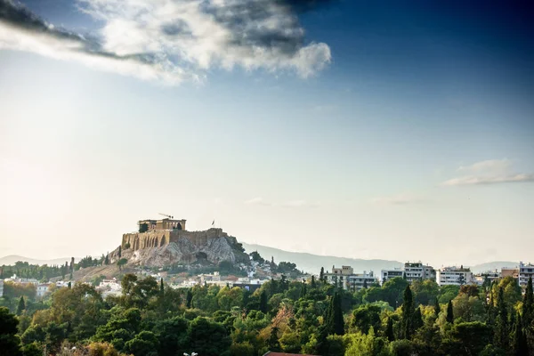 Ancient Ruins Residential Buildings Lush Foliage Athens Greece — Stock Photo, Image