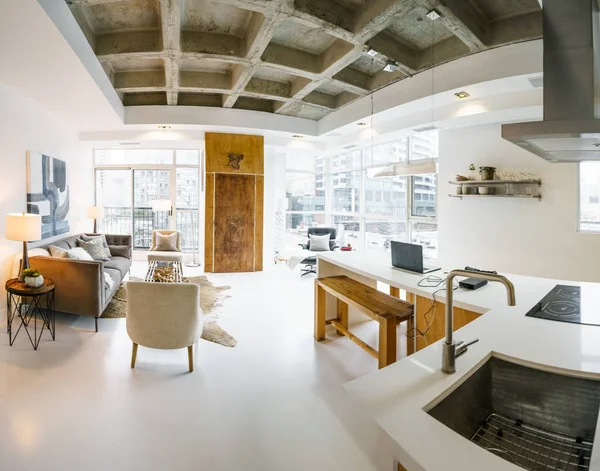 Interior Sala Estar Nova Casa Luxo Com Cozinha — Fotografia de Stock